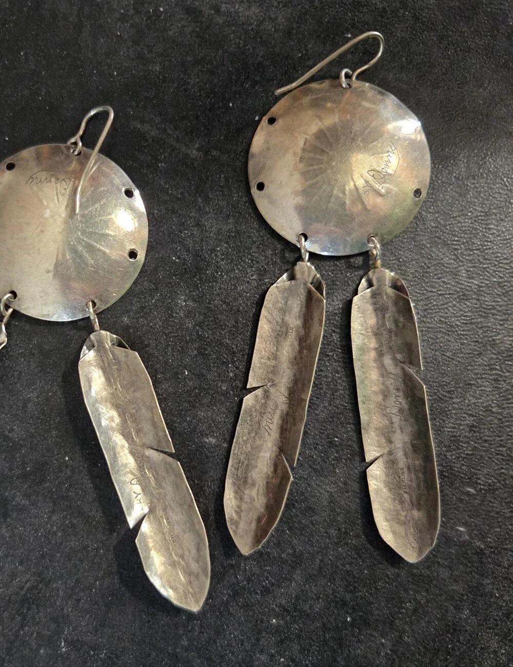 Vtg Handmade Sterling Silver Bowl Shaped Earrings /  Feather Dangle  Signed